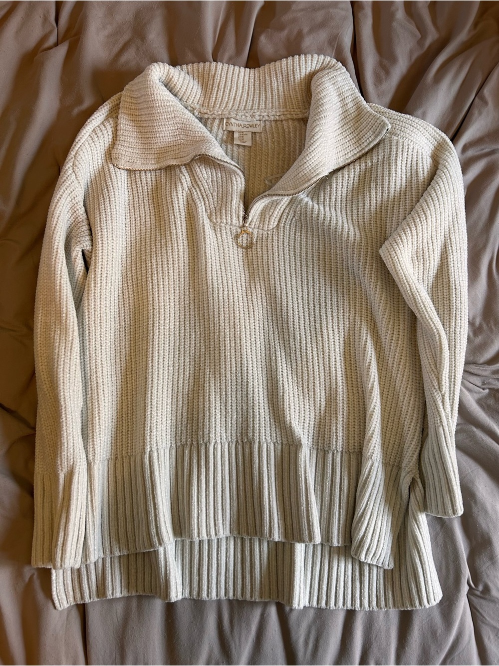 Cream Ribbed Quarter-Zip Sweater